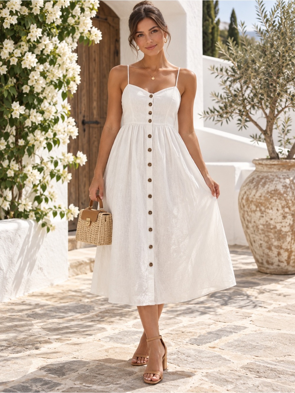 H&M White Linen Blend Button Front Midi Dress Size 8